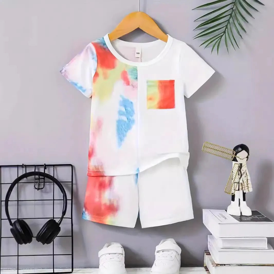 Boys casual summer cotton blend short sleeve T-shirt and shorts two-piece set with cartoon pattern