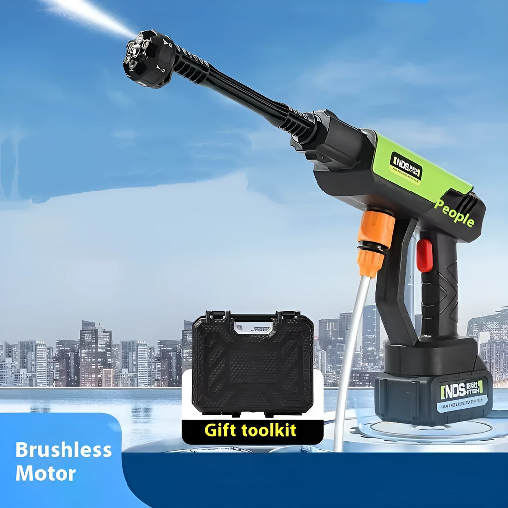 Green wireless high-pressure water gun with metal nozzle and battery pack, shown with foam pot and extension hose accessories.