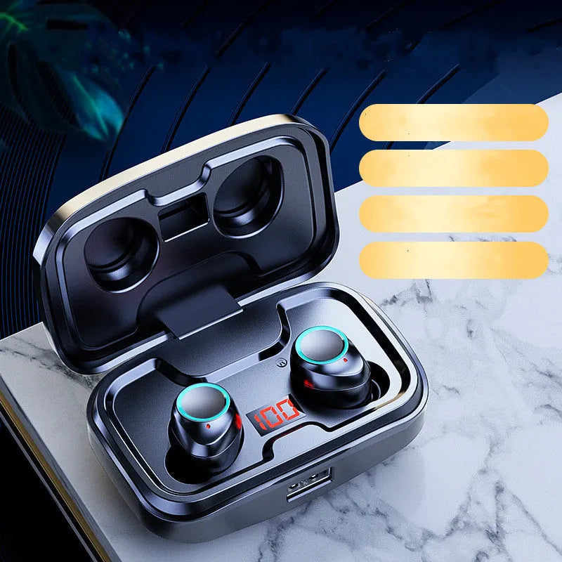 Black wireless in-ear earphones with Bluetooth 5.0 on a white background.