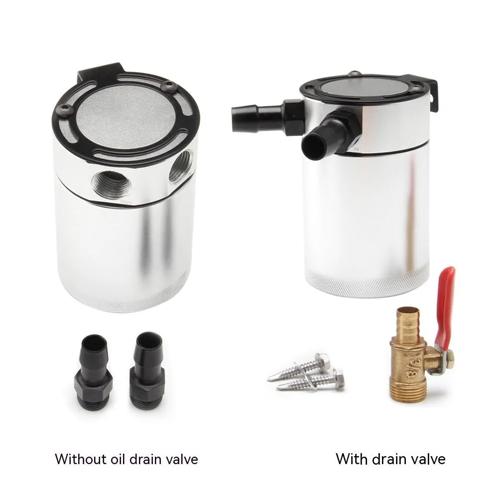 Aluminium automotive oil can with breathable design in black or silver finish