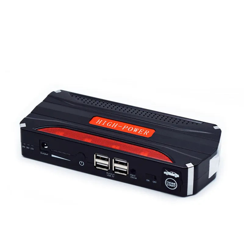 Black and red 12V vehicle emergency jump starter power supply unit.
