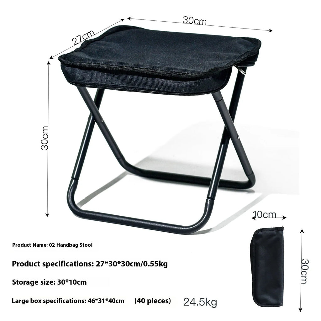 Lightweight foldable outdoor camp stool in khaki colour, shown in folded and unfolded positions.