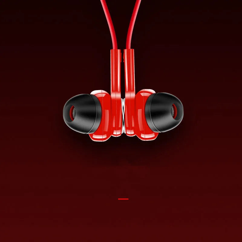 G03 black neckband sports Bluetooth earphones shown on a neck, with red and white colour options available.