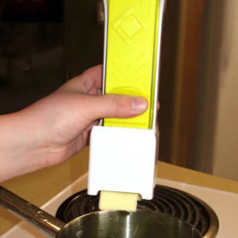 Yellow butter cutter slicer for 4.75 inch sticks with stainless steel blades and one-button dispenser