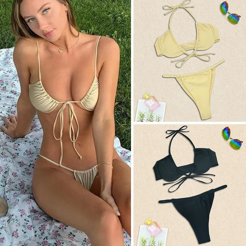 Women's black and mint green nylon bikini swimsuit showing front and back views
