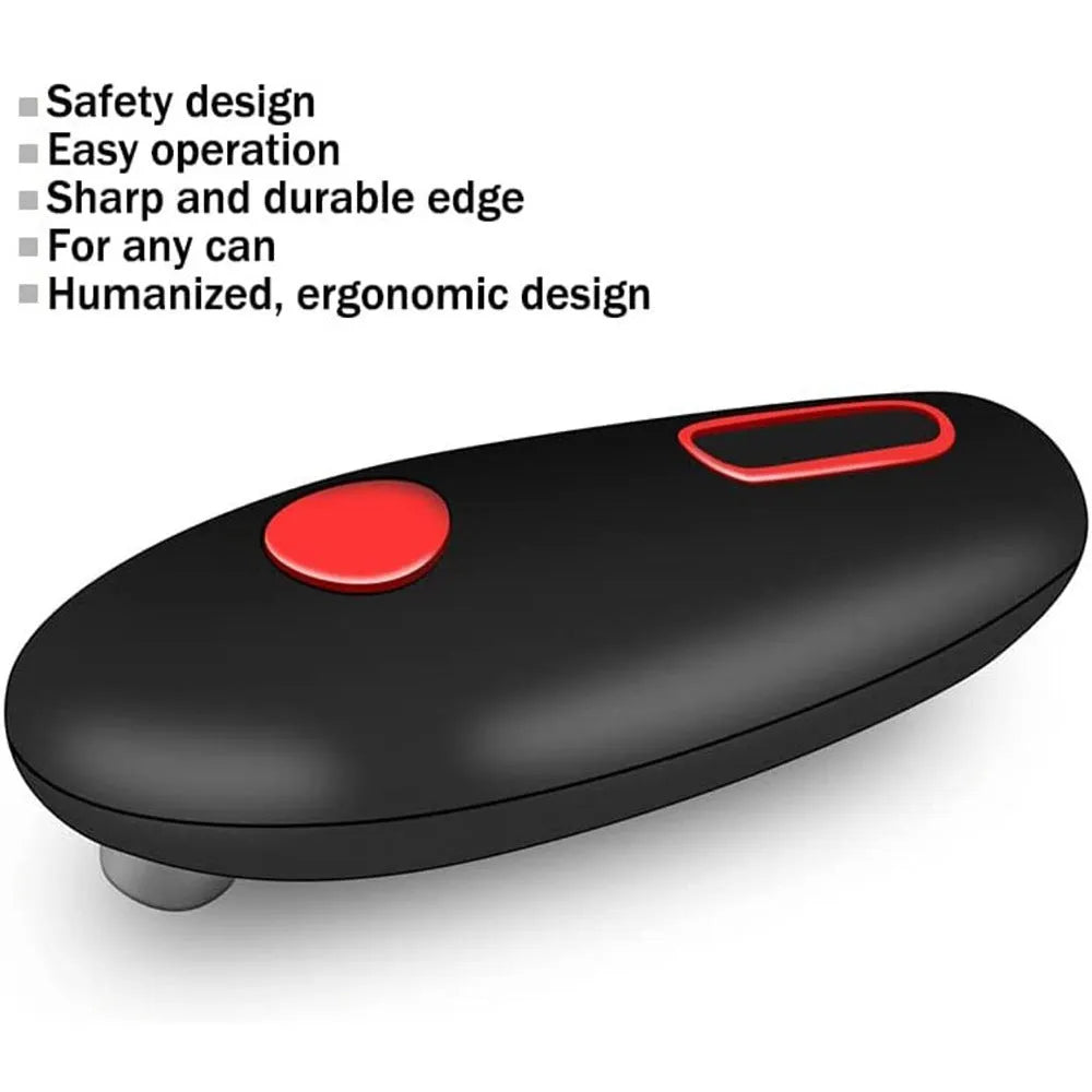 Black electric can opener with battery compartment and one-touch button