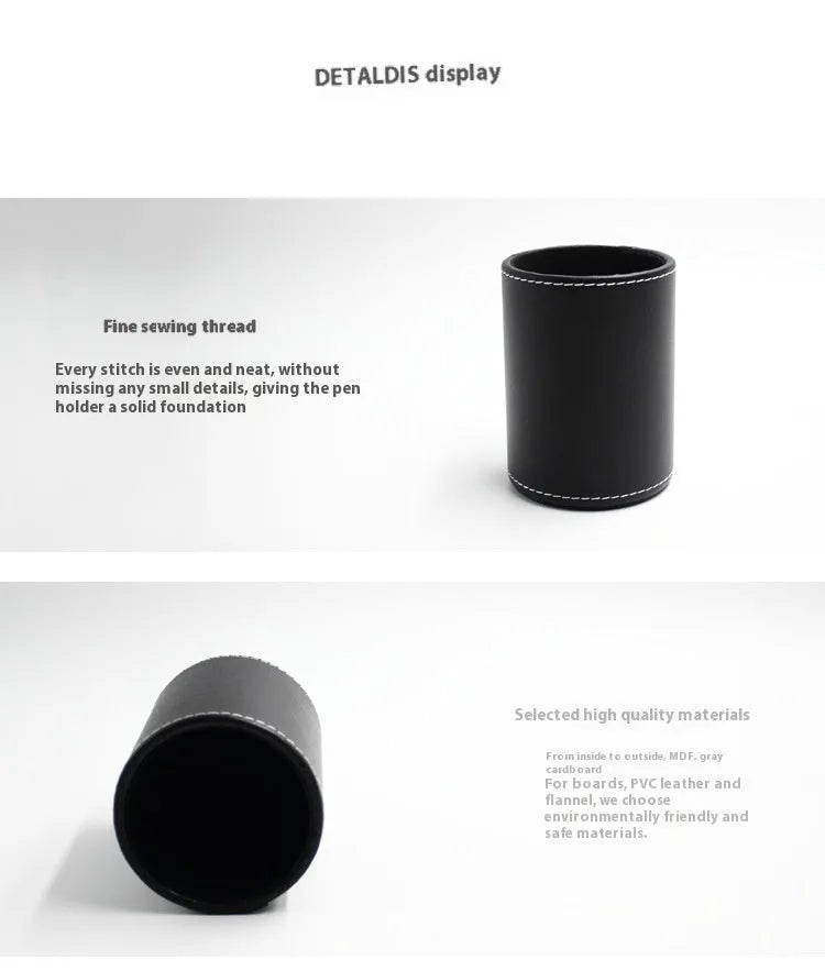 Round black leather pen container on desk holding writing instruments