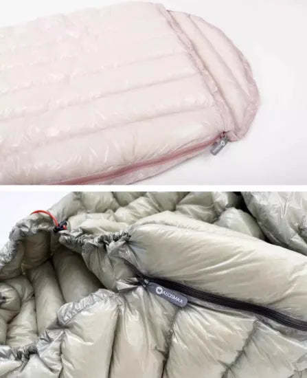 Ultra-light nylon down-filled envelope sleeping bag for camping with duck down insulation in outdoor setting