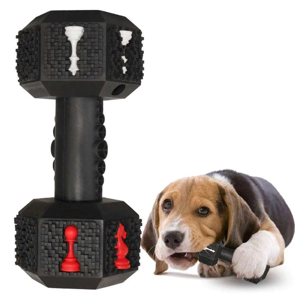 Durable dumbbell-shaped dog chew toy with textured surface and hollow ends for treats in black or blue
