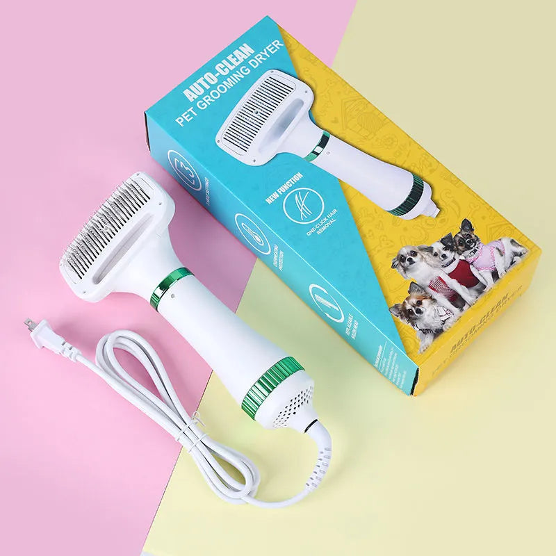 Pet hair dryer and comb grooming tool for dogs and cats with adjustable airflow and temperature settings
