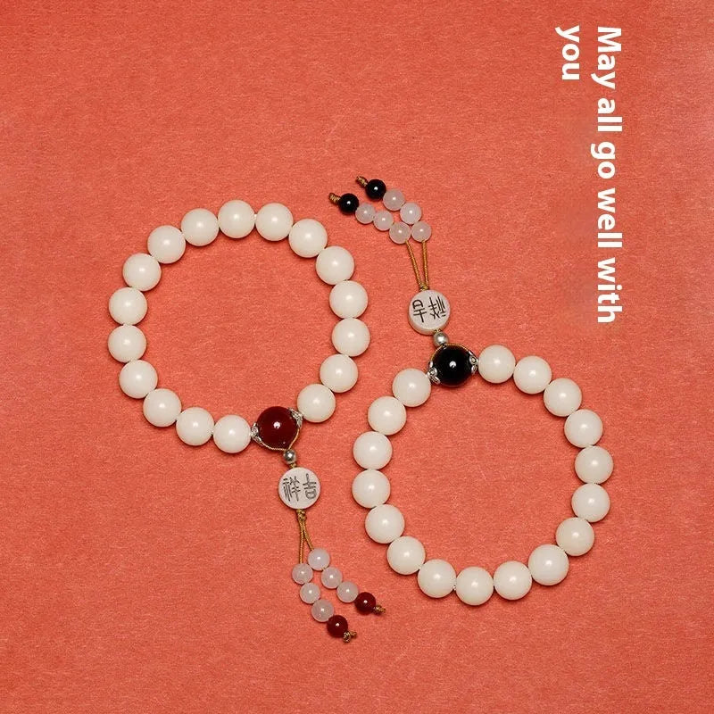 Handmade national style unisex Bodhi bracelet with 10mm round beads and Ruyi element.