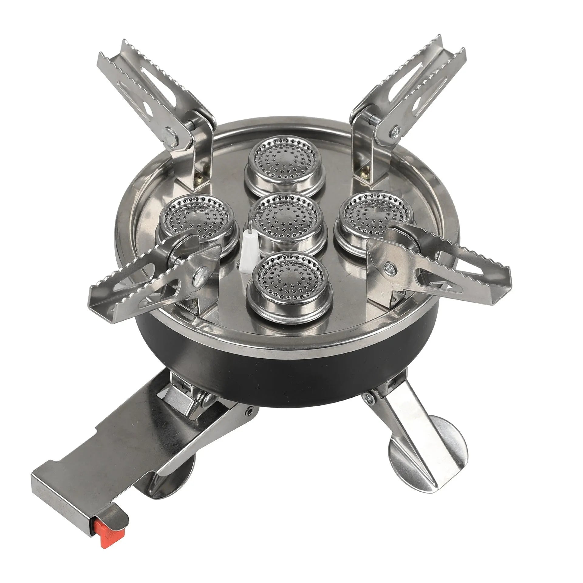 Silver portable split stove with stainless steel construction folded for transport