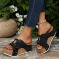 Women's navy blue platform sandals with fish mouth scaffold shape and PU upper.