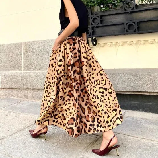 Brown leopard print women's A-line long skirt with big hem detail
