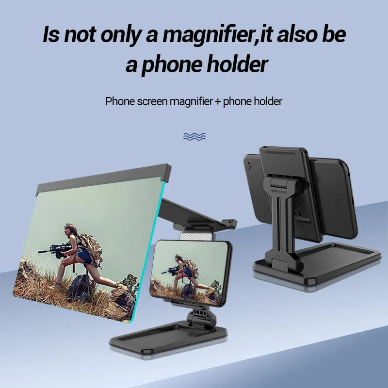 Black 12-inch mobile phone screen amplifier with detachable phone holder in folded position