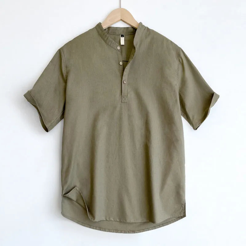 Men's solid colour linen blend short sleeve t-shirt on a hanger.