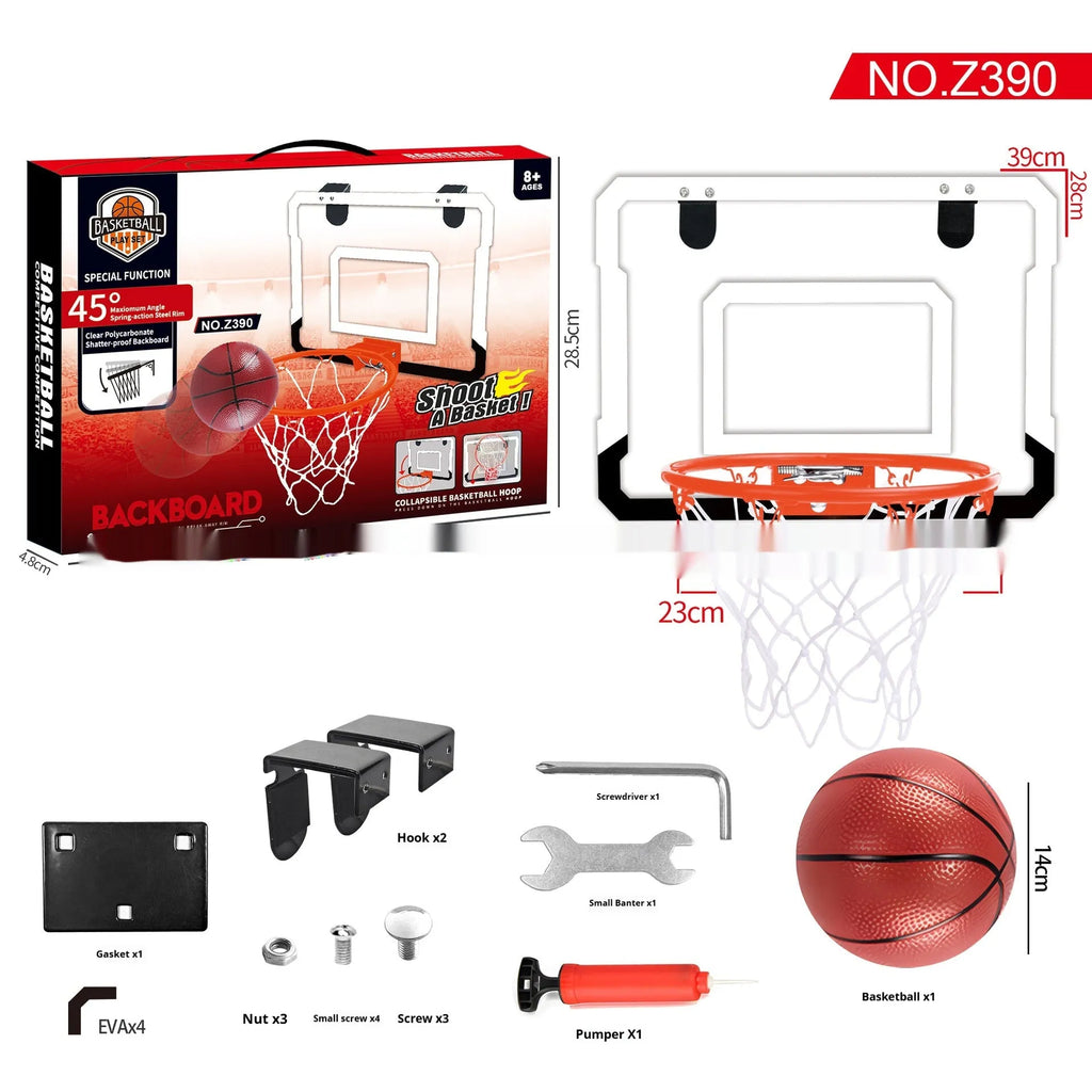 Red and blue folding basketball frame with suction cup and hook, shown as a dunk target and ball rack.