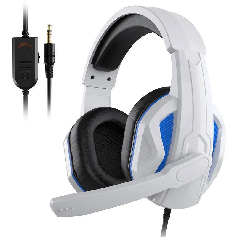 White and blue wired gaming headset with microphone, 40mm driver, 3.5mm plug, and PVC cable