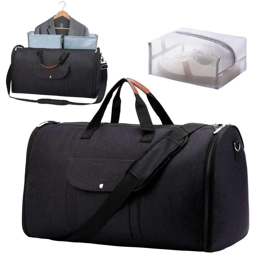 Folding dark blue Oxford cloth duffel bag with handles, shown upright and folded flat.