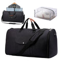 Folding dark blue Oxford cloth duffel bag with handles, shown upright and folded flat.