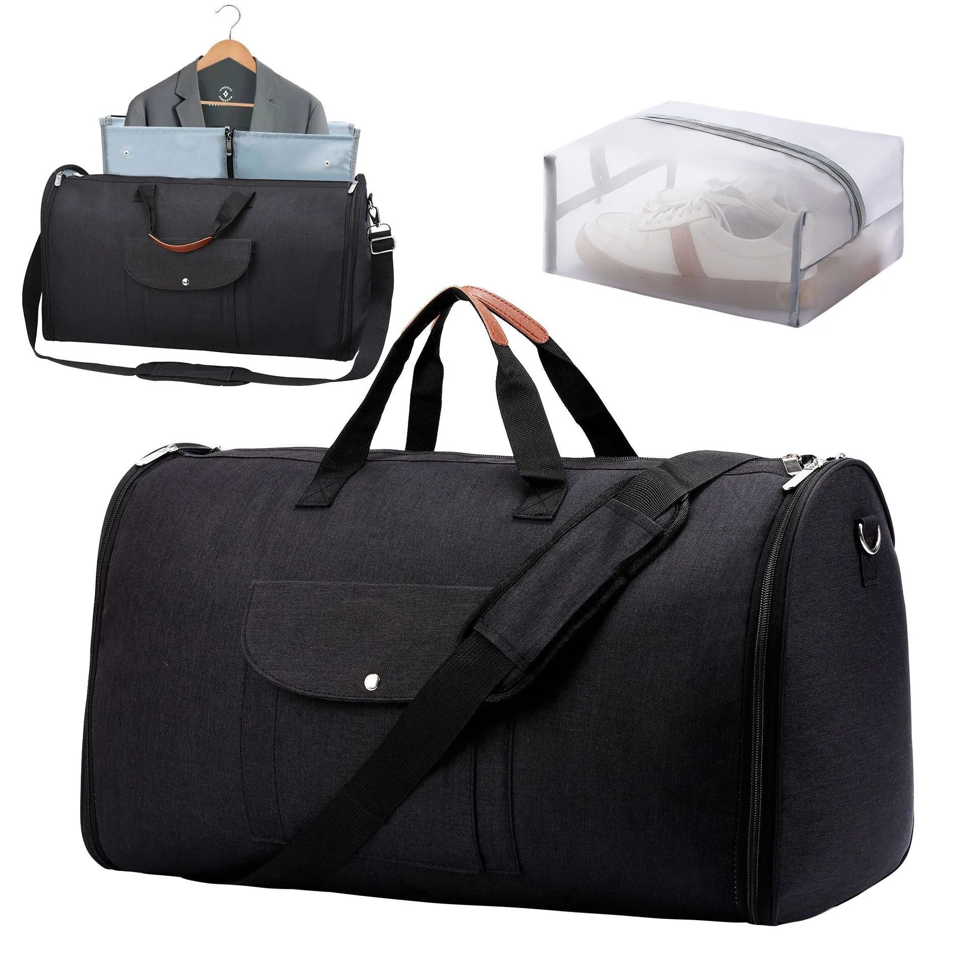 Folding dark blue Oxford cloth duffel bag with handles, shown upright and folded flat.