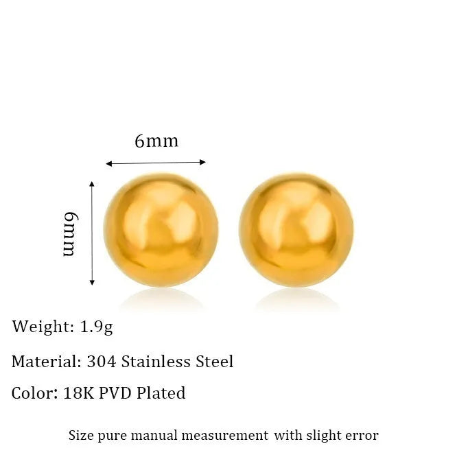 Stainless steel ball stud earrings in gold or silver plating, 3mm to 6mm sizes