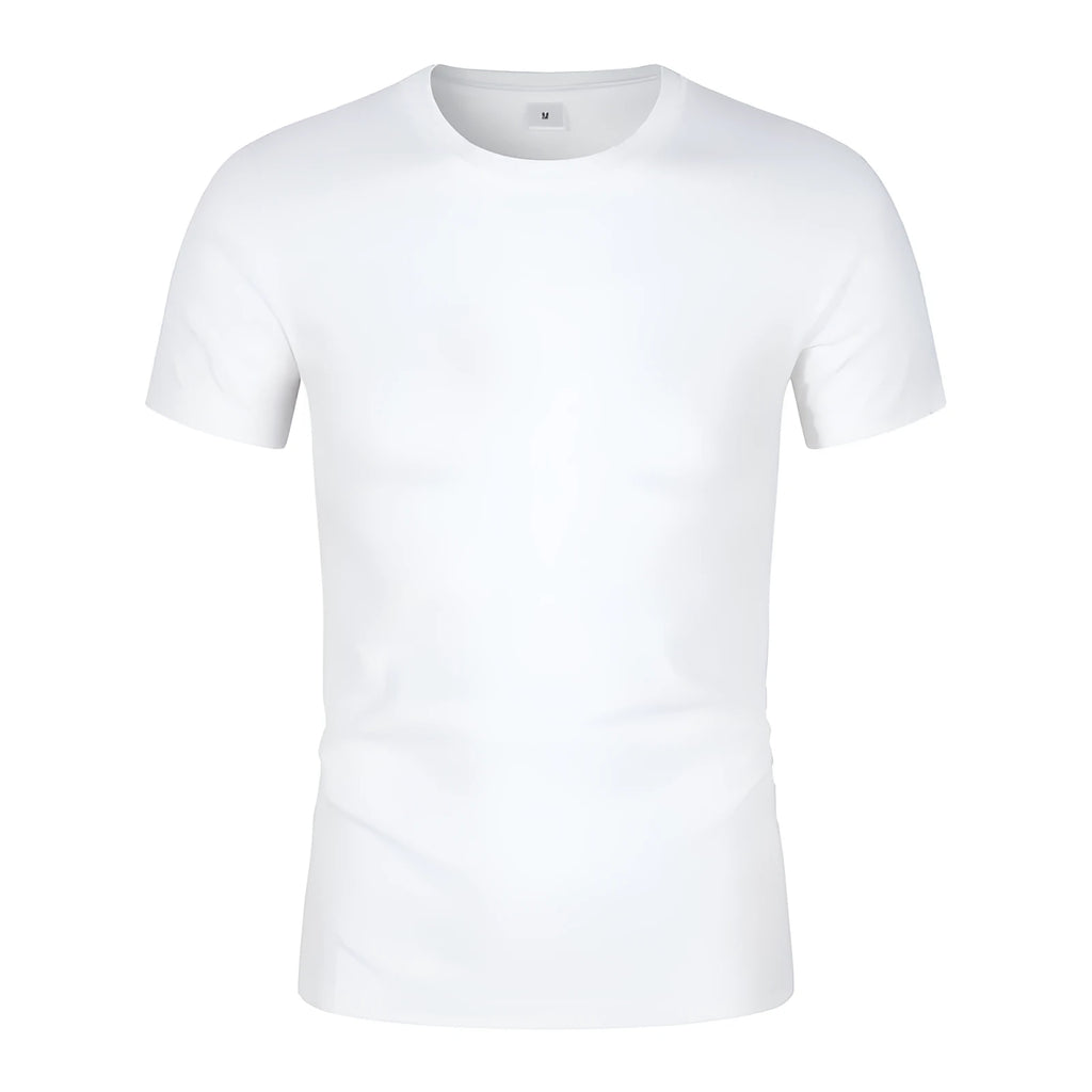 Men's solid colour cotton short-sleeved t-shirt on a hanger, shown in white and black.