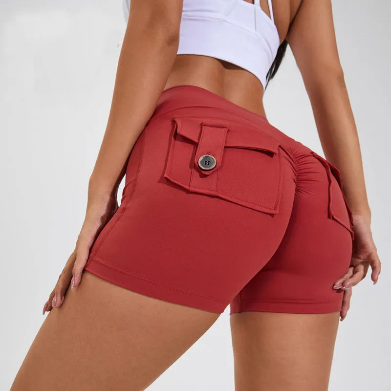 Women's high waist fitness shorts in electric blue colour with side pockets for summer sports