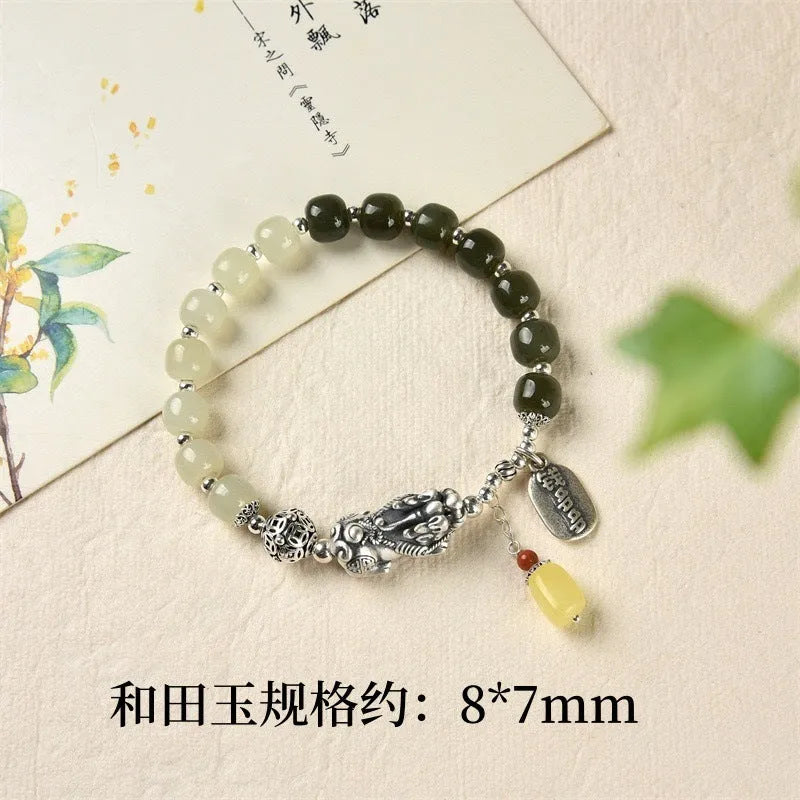 Pure silver coin bracelet with natural Hetian jade stones in retro women's design