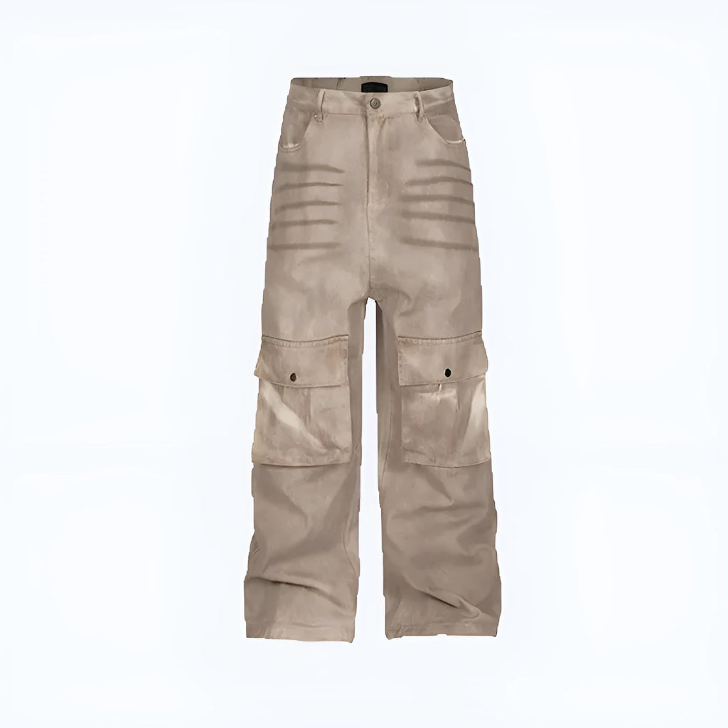 Dark marble loose A-line casual trousers with straight leg design and pure cotton denim fabric