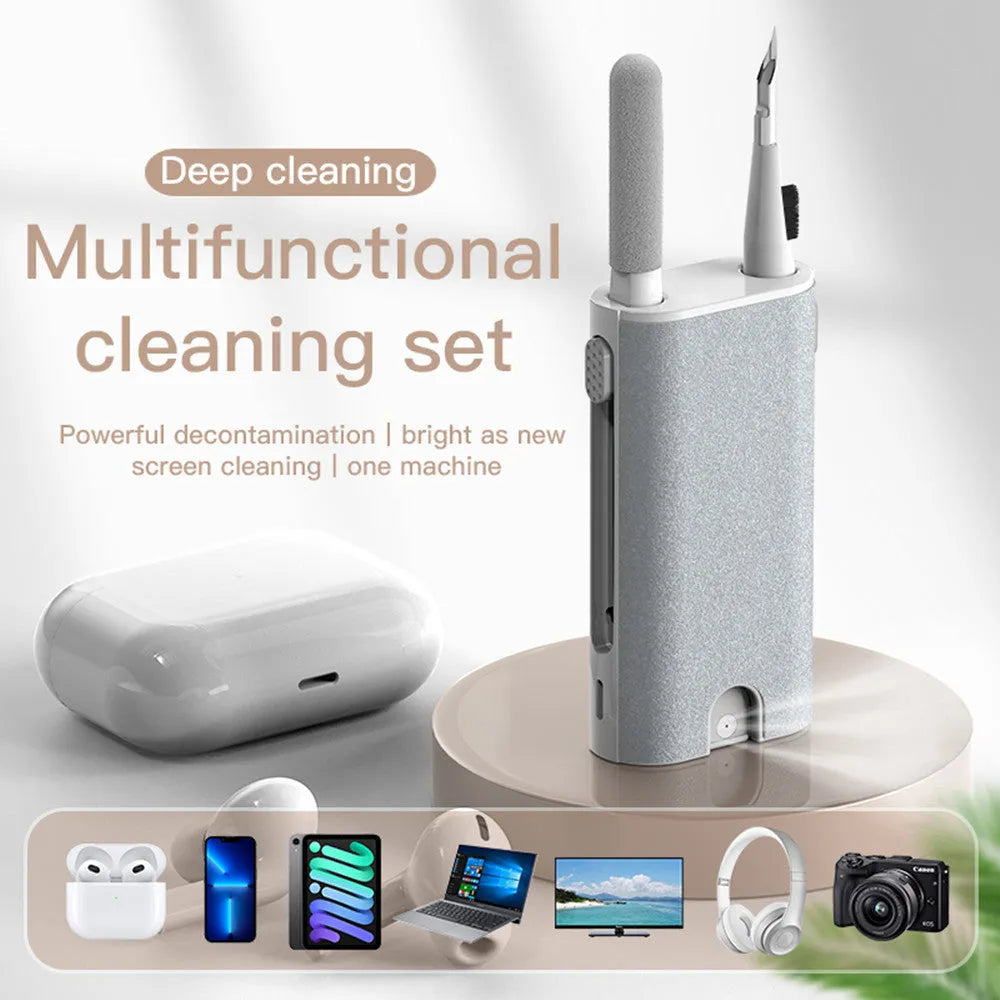5-in-1 digital cleaning pen with flocking sponge, brush, and metal tip for phones and earphones.