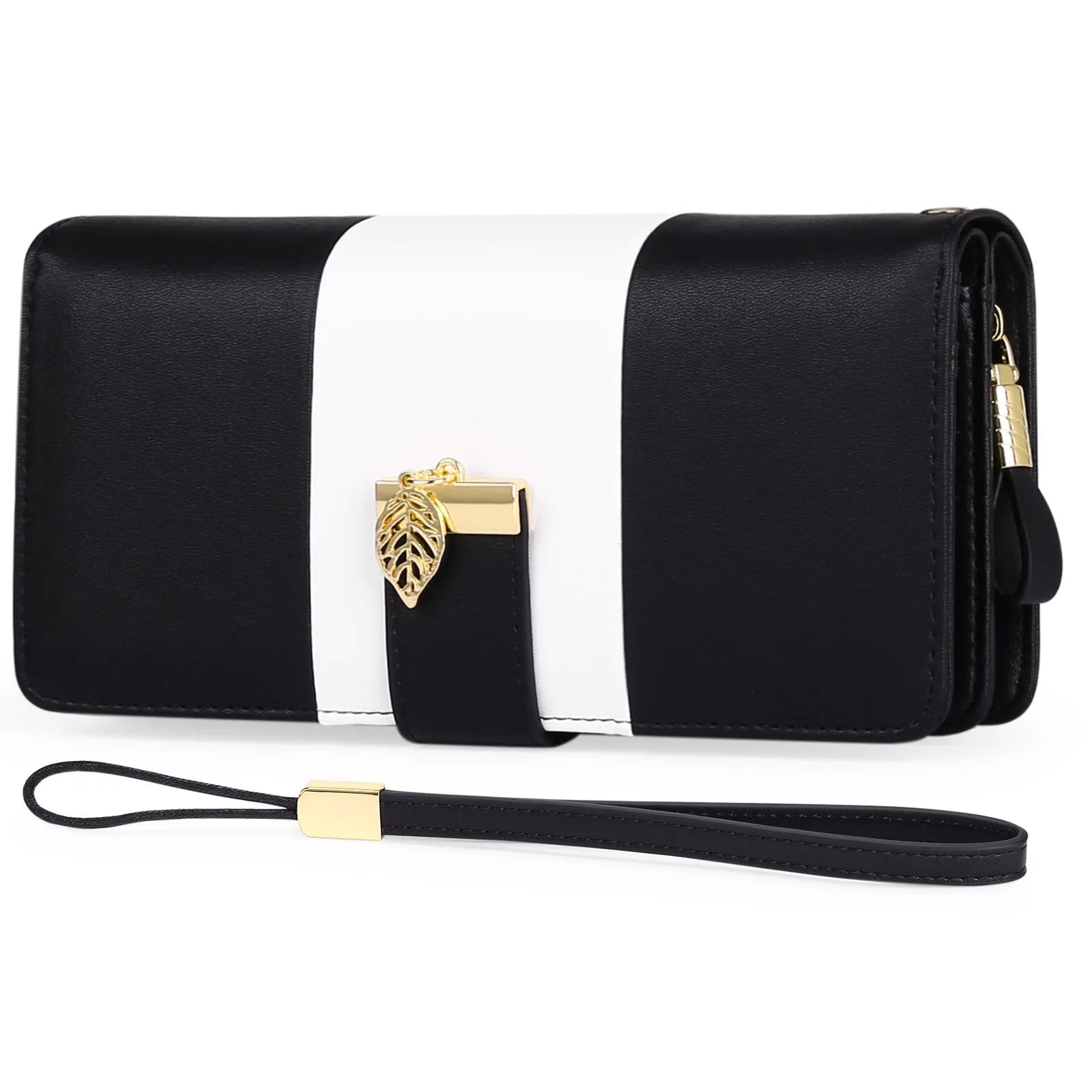 Midnight black anti-theft clutch handbag with lock, shown with dimensions 19.5 by 10.5 cm.