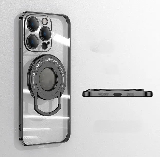 Transparent magnetic iPhone case with retractable stand pulled out, shown in far peak blue colour