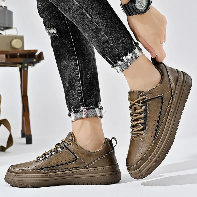 Men's genuine cowhide leather casual lace-up shoes, round toe, flat heel, black colour, side view