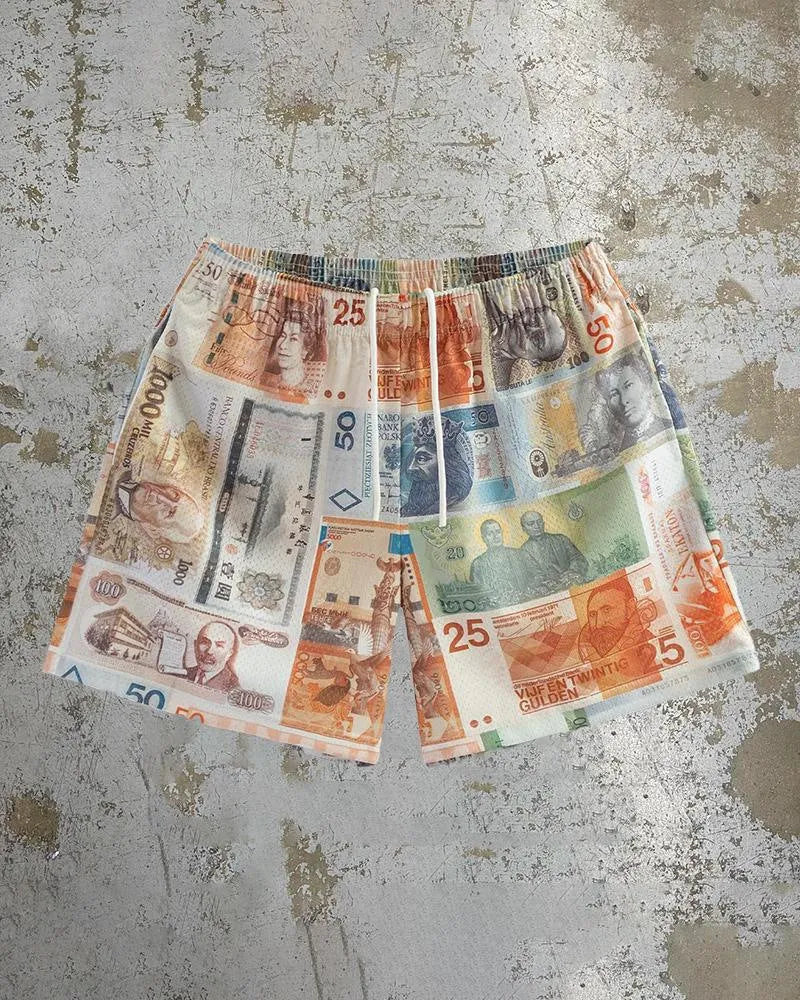 Men's quick-drying digital print beach shorts in loose fit, shown in one of ten available colour patterns.