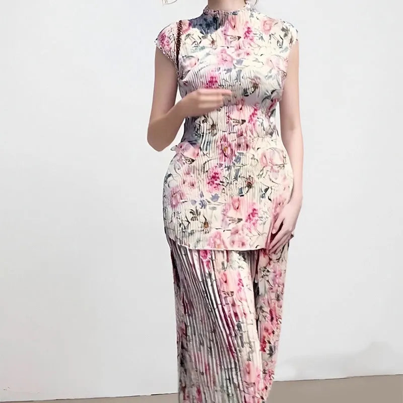 Long sleeve printed chiffon high waist dress shown as a two-piece skirt and top set.
