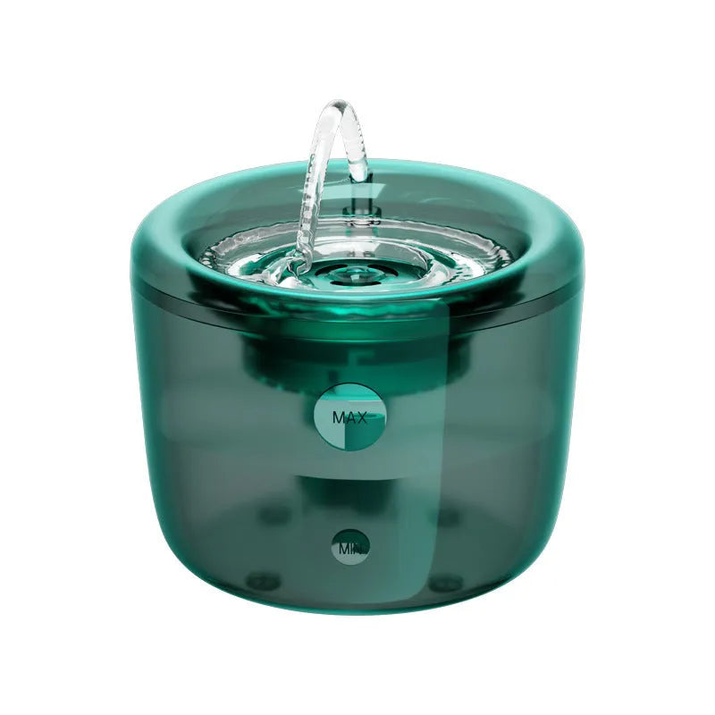 Grey and green pet automatic water fountain with circulating filter and induction outlet for dogs and cats