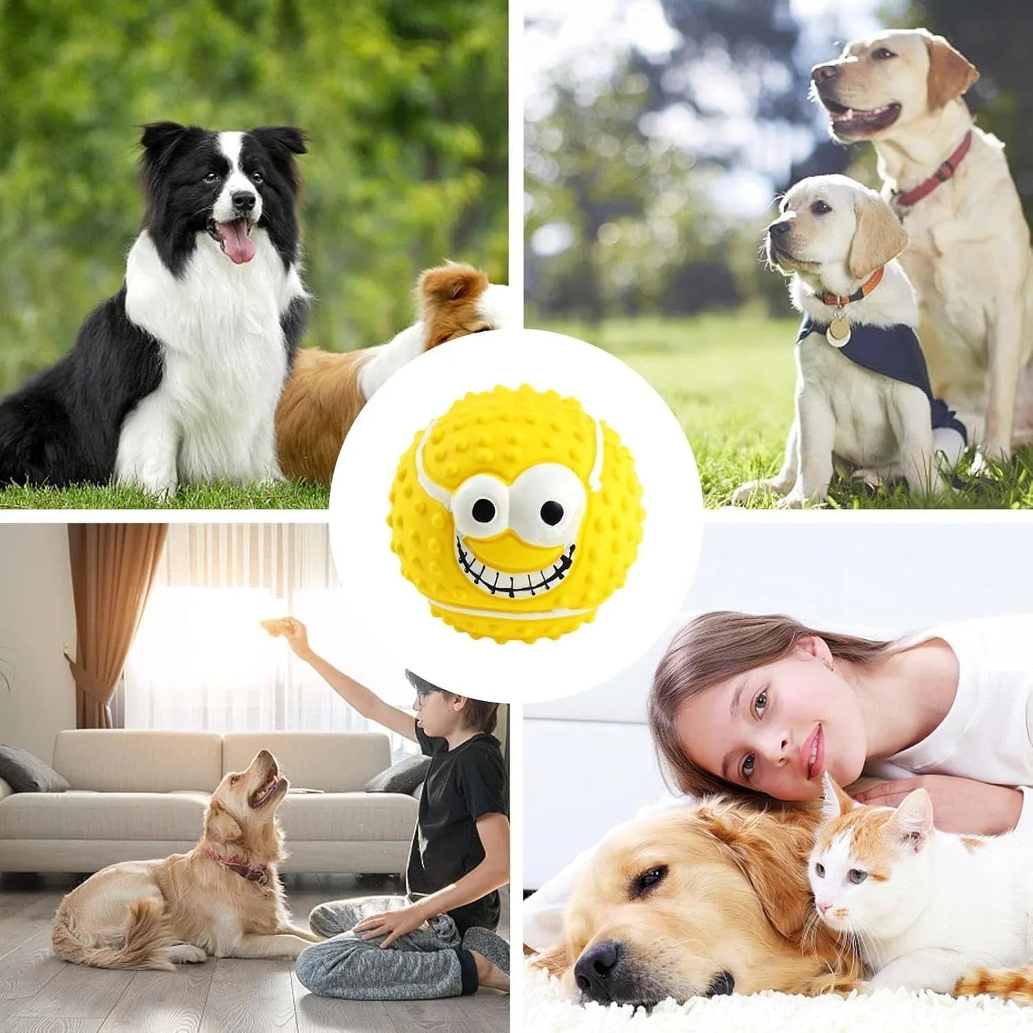 Green latex dog ball with smile face design, suitable for small and medium pets