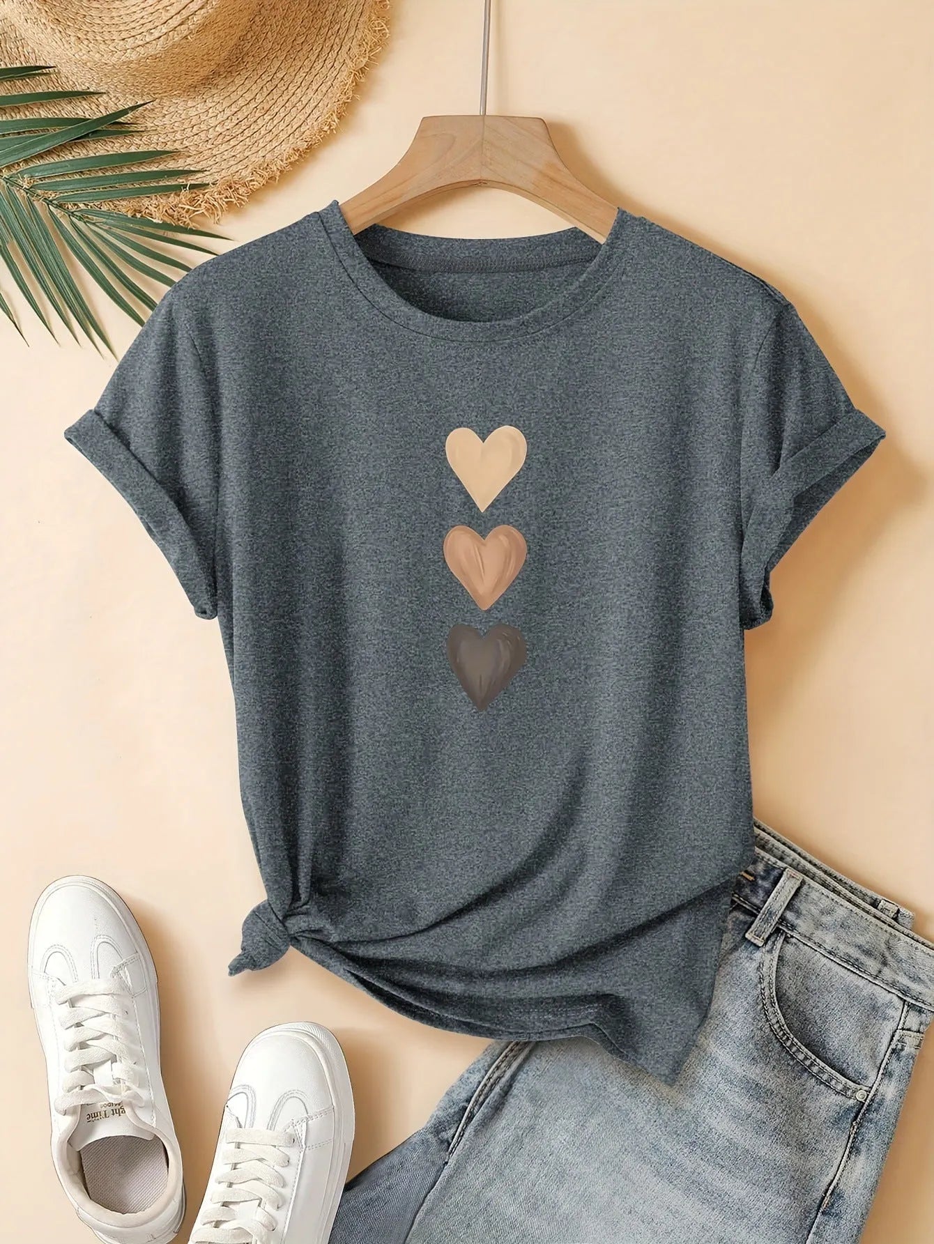 Women's pure cotton short sleeve round neck t-shirt in art retro style, shown in multiple solid colours.