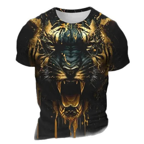 Close-up of a men's grey T-shirt featuring a detailed 3D digital print of a tiger's face on the chest.