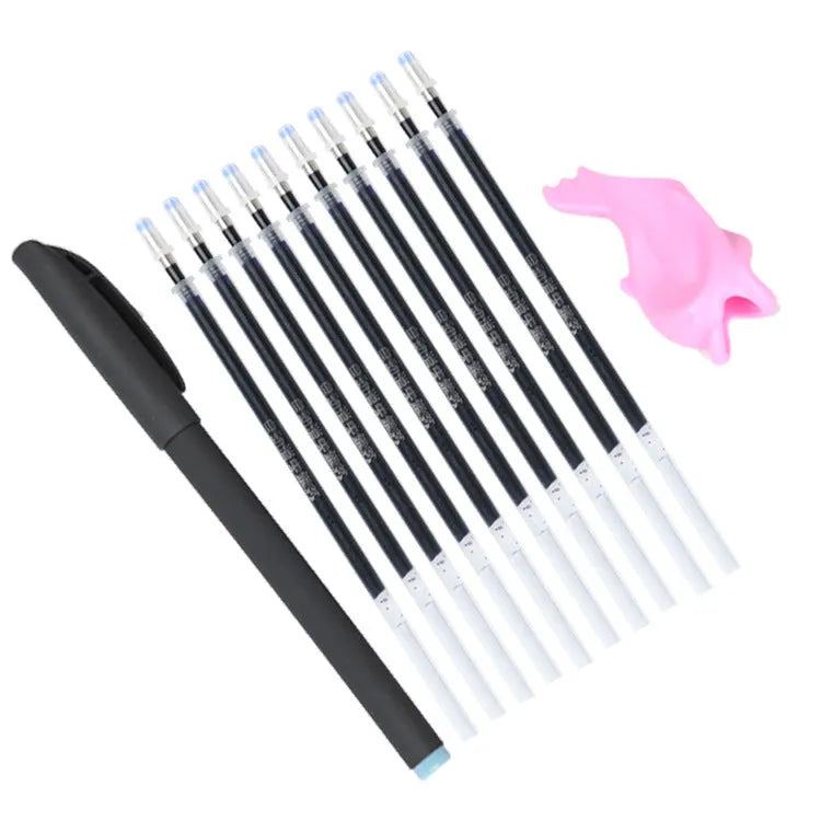 Blue automatic fading pen set with 0.5mm tip, eight refills, and pen holder on white background