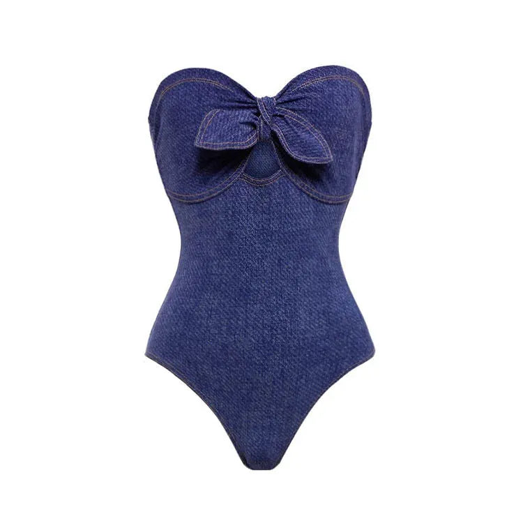 Women's vintage denim one-piece swimsuit with matching skirt beach outfit
