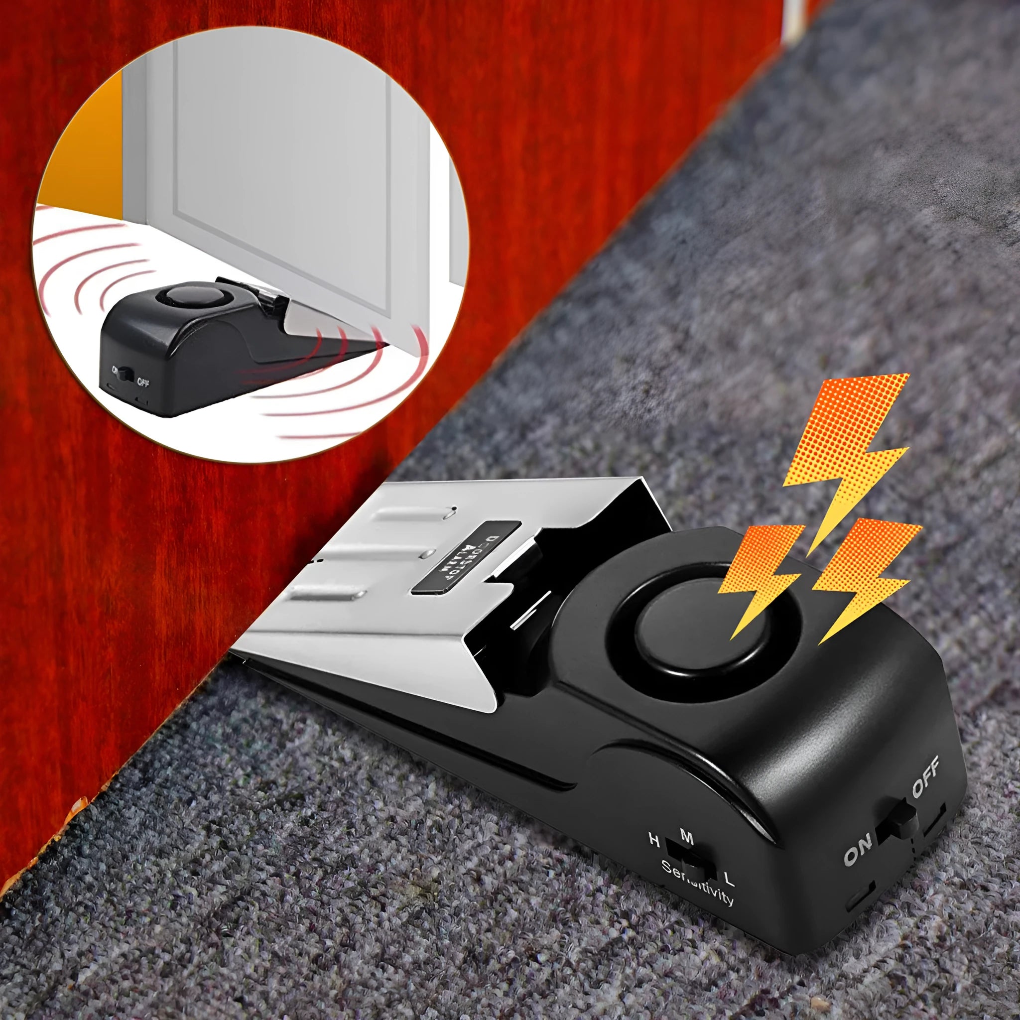 Black portable wedge-shaped door stop alarm with a stainless steel cover for home and travel security.