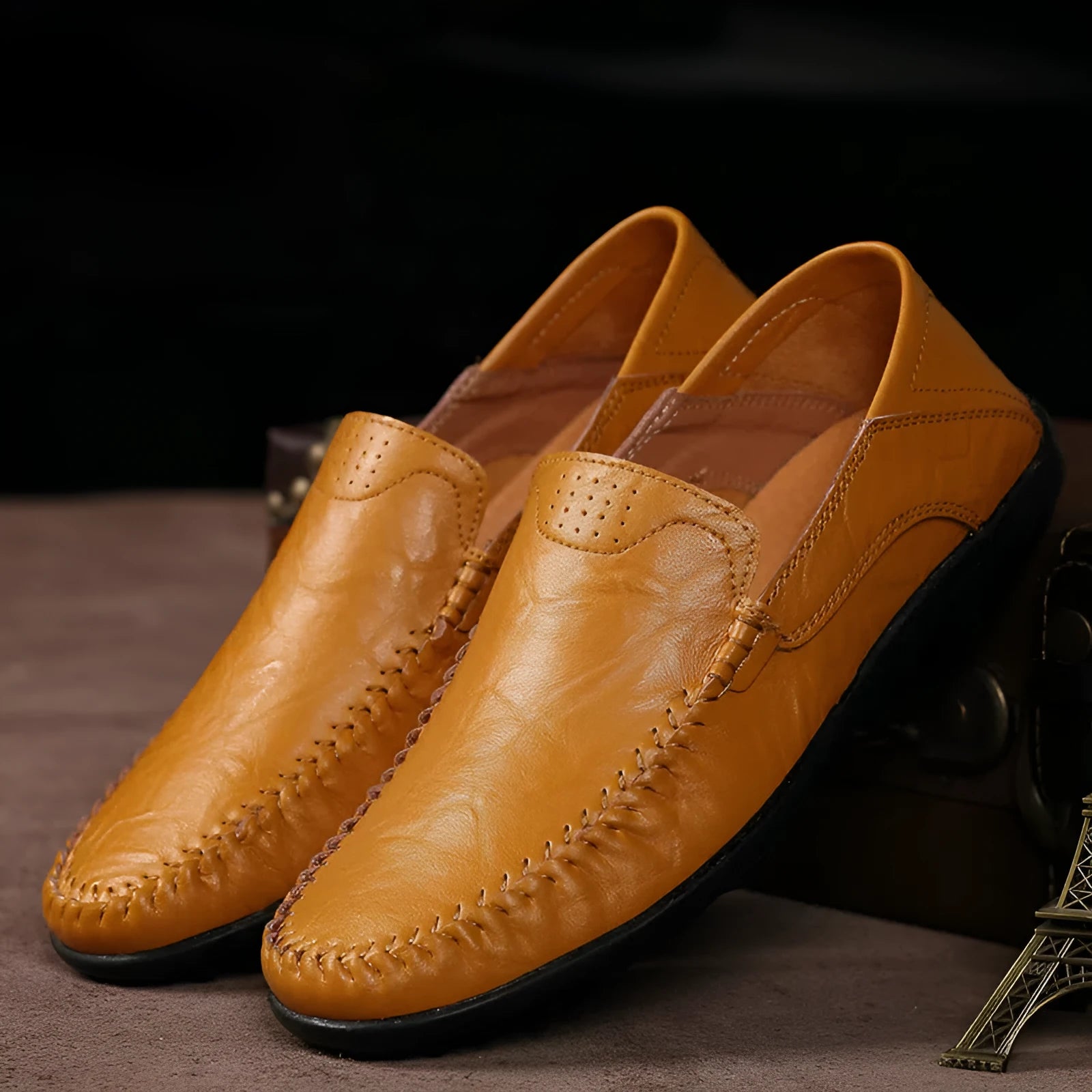 Men's casual leather shoes, genuine leather upper, round toe, slip-on style, black colour