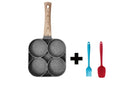 Four-hole non-stick aluminium frying pan with Bakelite handle for cooking eggs and pancakes.