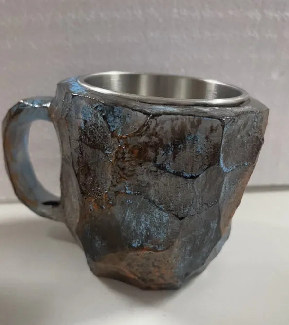Purple resin mineral crystal coffee mug with handle showing 3D texture and 10cm height