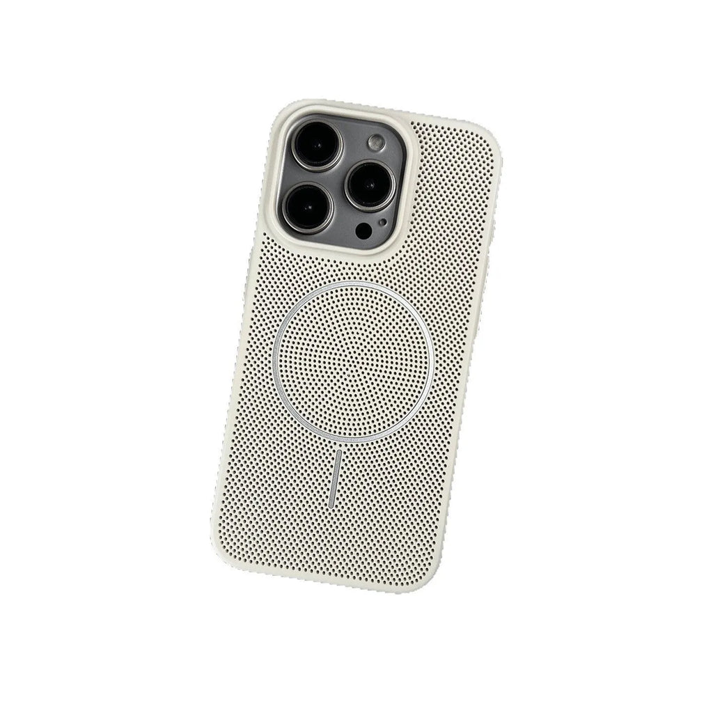 Frosted magnetic iPhone case in blue showing heat dissipation design and shockproof construction