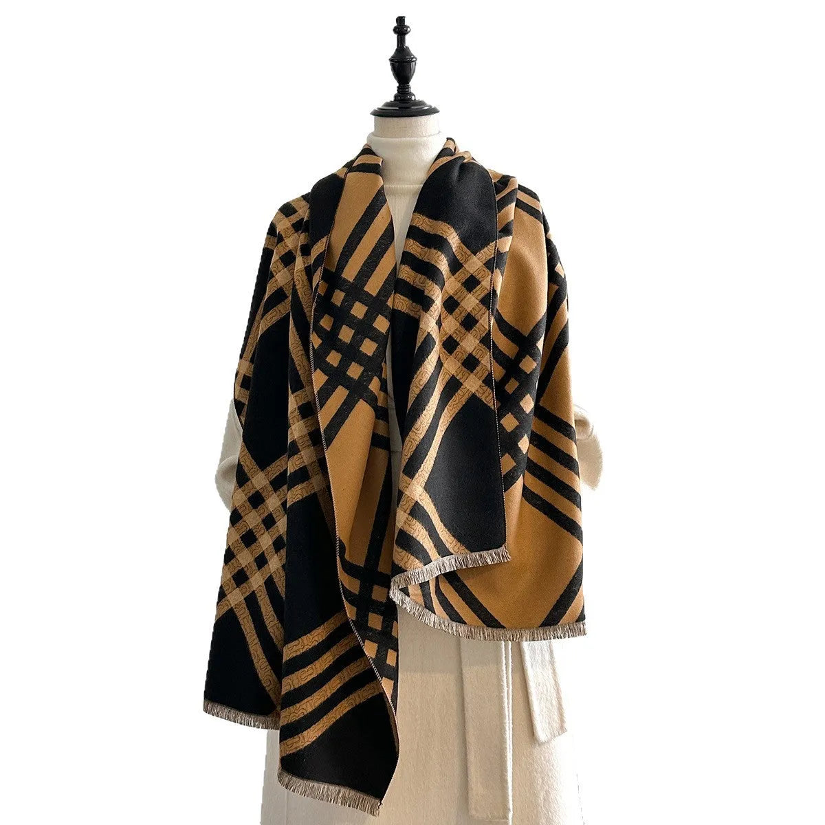 Cashmere-like scarf with tassel trim in brown colour showing 185cm length