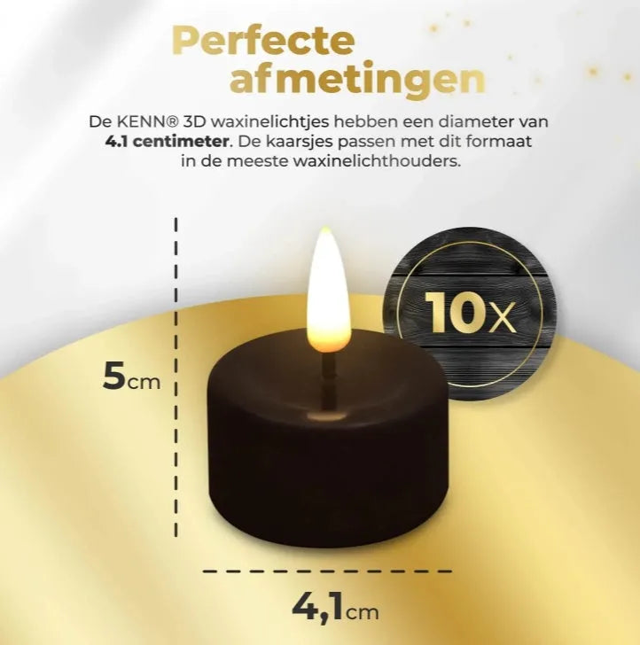 Set of four black LED tealight candles with flickering flame effect on a table.