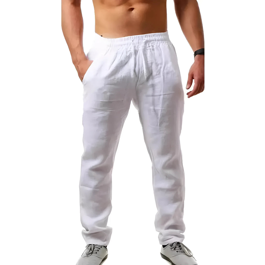 Men's loose-fitting cotton linen casual trousers in khaki colour on a neutral background.